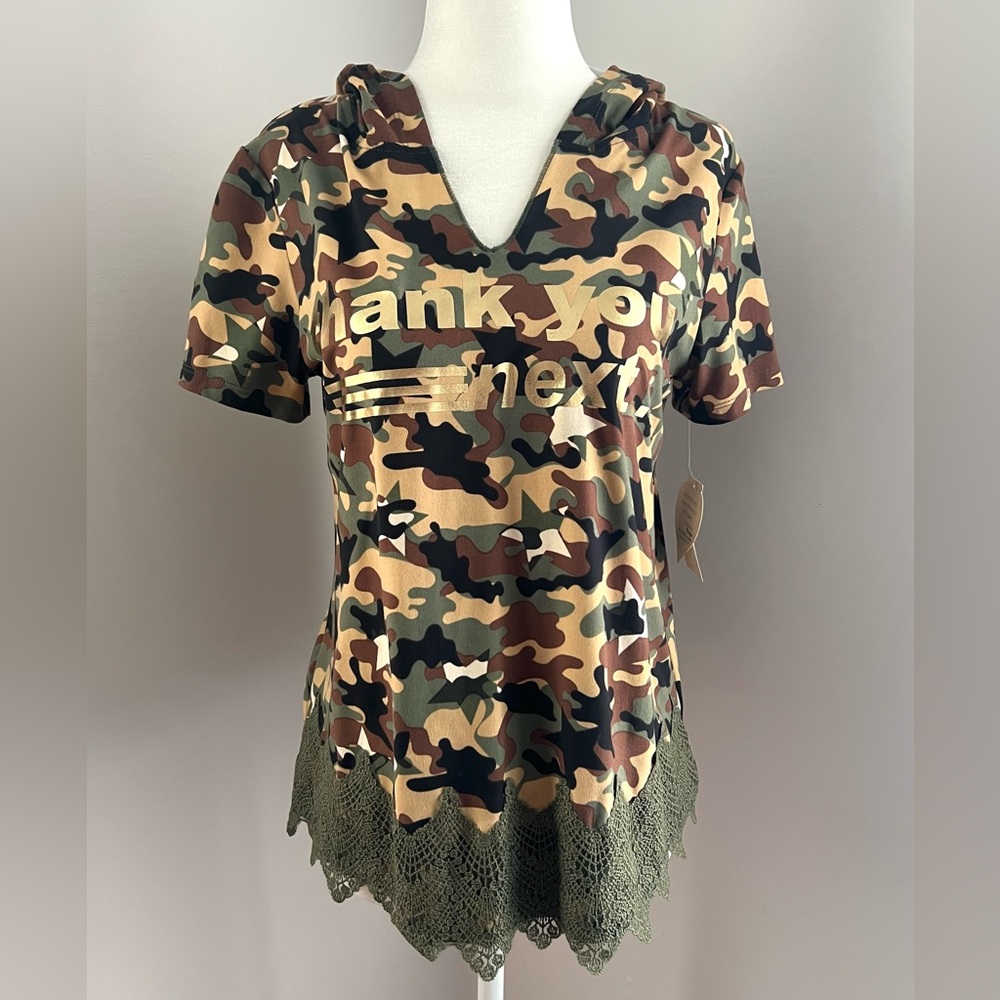 NWT Self Esteem Thank You Next Camo Top with hood Juniors size M